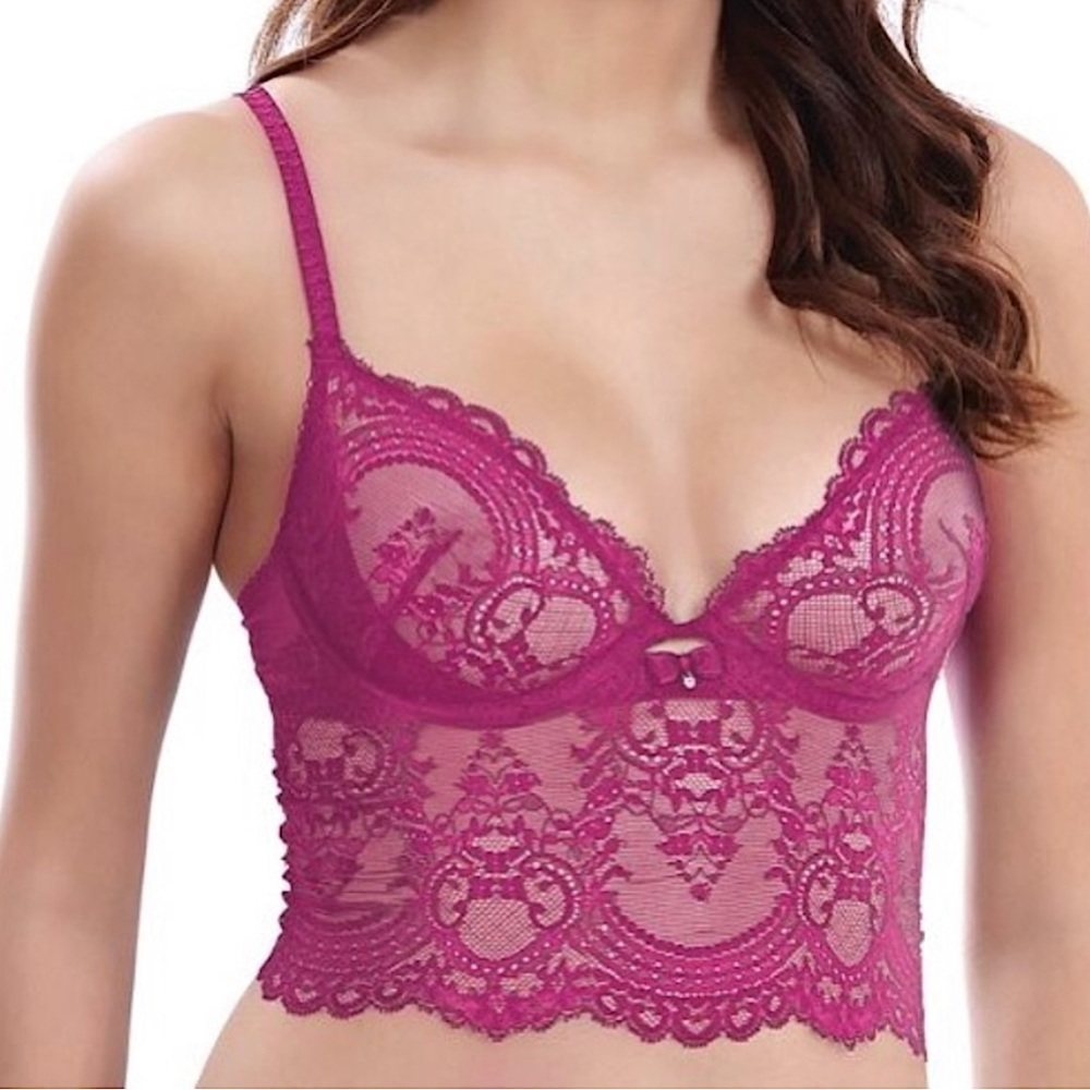 Wacoal Chrystalle Longline 3/4 Sheer Lace Underwire Bra Morello Cherry‎ Large